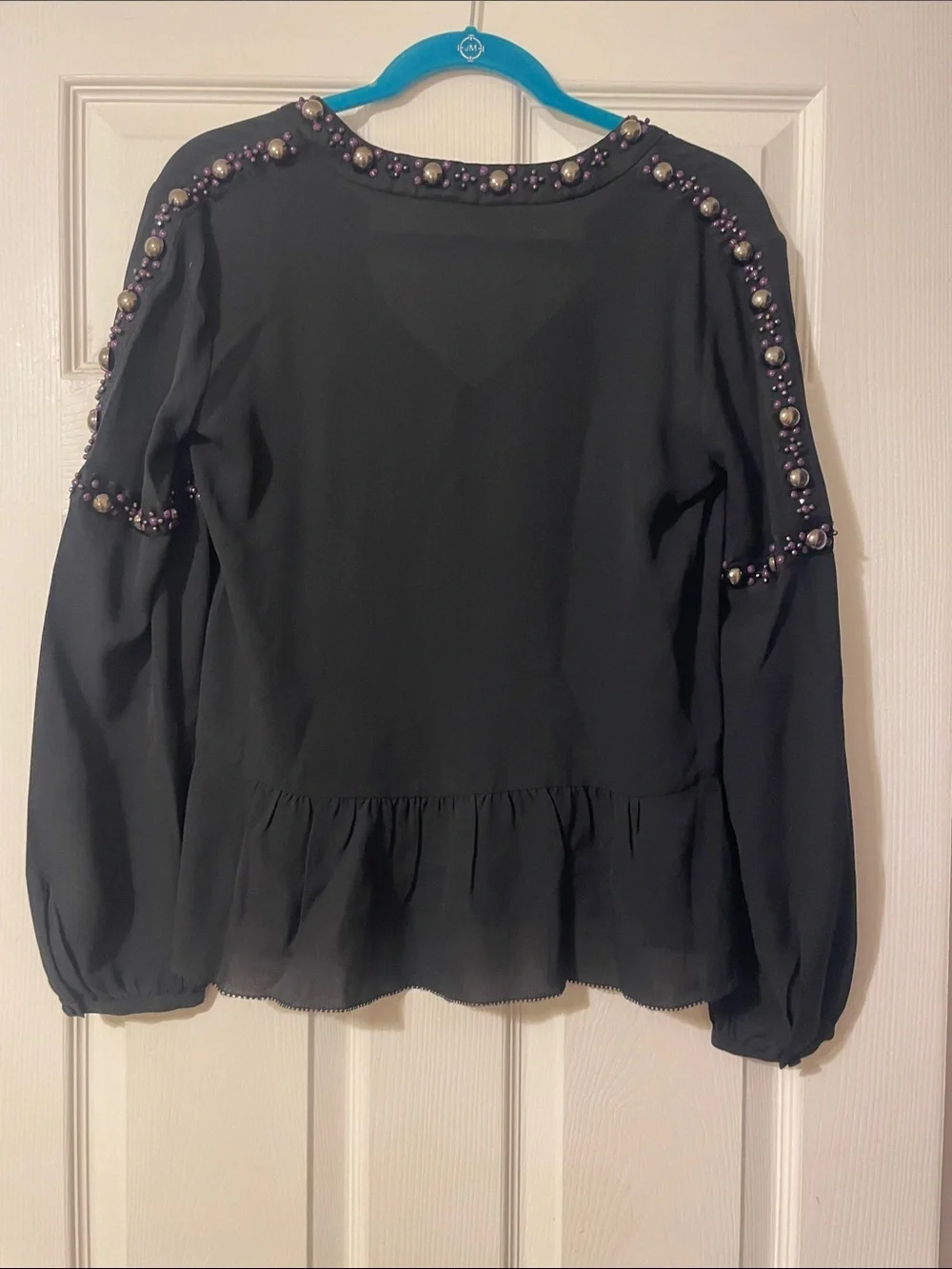 Tory Burch Black Peplum Blouse with Beaded Trim